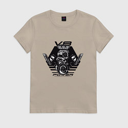 Футболка хлопковая женская Двигатель V8 Power, цвет: миндальный