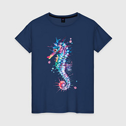 Футболка хлопковая женская Морской конек акварель, цвет: тёмно-синий