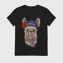 Футболка хлопковая женская Славянская лама, цвет: черный