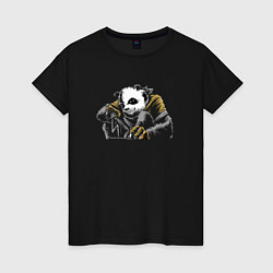 Футболка хлопковая женская Панда на черном, цвет: черный