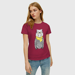Футболка хлопковая женская Hipster Cat, цвет: маджента — фото 2