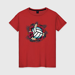 Футболка хлопковая женская ТРОПИЧЕСКИЙ ВОЛЕЙБОЛ, цвет: красный