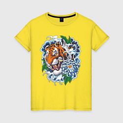 Футболка хлопковая женская Тигр в цветах, цвет: желтый