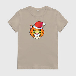 Футболка хлопковая женская Мордочка Тигра в колпаке Санты, цвет: миндальный
