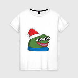 Футболка хлопковая женская Pepe, pepe happy, Пепе хеппи, pepe happy new year, цвет: белый