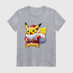 Футболка хлопковая женская НОВОГОДНИЙ ПИКАЧУ САНТА КЛАУС, цвет: меланж