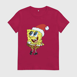 Футболка хлопковая женская Рождественский Спанч Боб, цвет: маджента