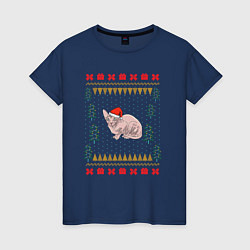 Футболка хлопковая женская Сфинкс рождественский свитер, цвет: тёмно-синий