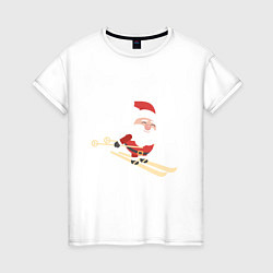 Футболка хлопковая женская Дед Мороз на лыжах, цвет: белый
