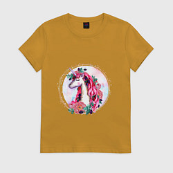 Футболка хлопковая женская Единорог среди цветов и ягод Акварель, цвет: горчичный