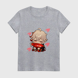 Футболка хлопковая женская Маленький Казуха ест геншин импакт, цвет: меланж