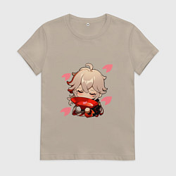 Футболка хлопковая женская Маленький Казуха ест геншин импакт, цвет: миндальный