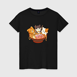 Футболка хлопковая женская Kawaii Cat Ramen, цвет: черный