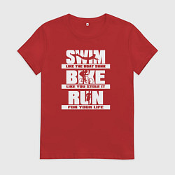Футболка хлопковая женская Плавай, езди на велосипеде, бегай, цвет: красный