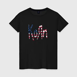 Футболка хлопковая женская KoRn, Корн флаг США, цвет: черный