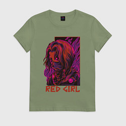 Футболка хлопковая женская Красная девушка в маске, цвет: авокадо