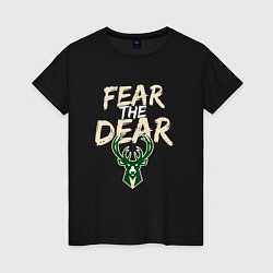 Футболка хлопковая женская Milwaukee Bucks Fear the dear Милуоки Бакс, цвет: черный