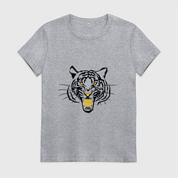 Футболка хлопковая женская Агрессивный тигр с монетой Биткоин в пасти, цвет: меланж