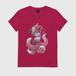 Футболка хлопковая женская Кицунэ с веточкой сакуры, цвет: маджента