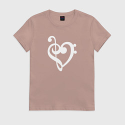 Футболка хлопковая женская Сердце Скрипичный и Басовый Ключи, цвет: пыльно-розовый