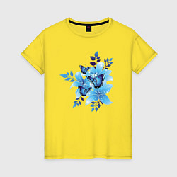 Футболка хлопковая женская Синие цветы blue flowers, цвет: желтый