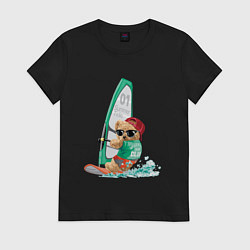 Футболка хлопковая женская МИШКА ВИНДСЕРФЕР BEAR WINDSURFER, цвет: черный
