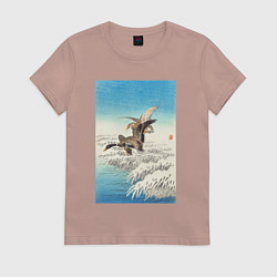 Футболка хлопковая женская Pair of Ducks Flying Over Snowy Reed Collar, цвет: пыльно-розовый