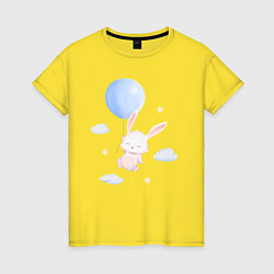 Футболка хлопковая женская Милый Крольчонок Летит С Воздушным Шариком Среди О, цвет: желтый