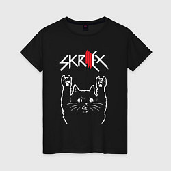 Футболка хлопковая женская Skrillex Рок кот, цвет: черный