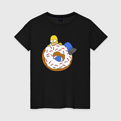 Футболка хлопковая женская Большой пончик с глазурью принт Гомер, цвет: черный