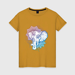 Футболка хлопковая женская Мандала слон, цвет: горчичный