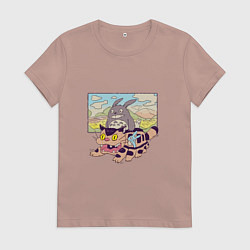 Футболка хлопковая женская Тоторо на котобусе, цвет: пыльно-розовый
