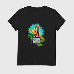 Футболка хлопковая женская Surf - девушка с доской для серфинга, цвет: черный