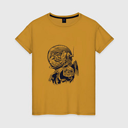 Футболка хлопковая женская Котик - Космонавт, цвет: горчичный