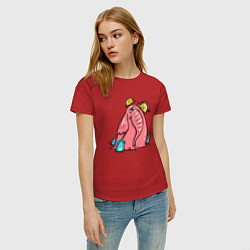 Футболка хлопковая женская Розовая слоника со слонятами, цвет: красный — фото 2