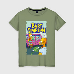 Футболка хлопковая женская Барт Симпсон устроил из автомобиля аквариум, цвет: авокадо