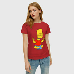 Футболка хлопковая женская Барт Симпсон - сидит со скрещенными пальцами, цвет: красный — фото 2
