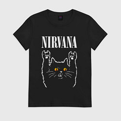 Футболка хлопковая женская Nirvana rock cat, цвет: черный
