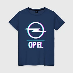 Футболка хлопковая женская Значок Opel в стиле glitch, цвет: тёмно-синий