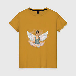Футболка хлопковая женская Ангельская медитация домохозяйки, цвет: горчичный