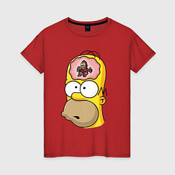 Футболка хлопковая женская Мартышка бьёт в тарелки в голове Гомера Симпсона, цвет: красный
