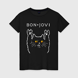 Футболка хлопковая женская Bon Jovi rock cat, цвет: черный