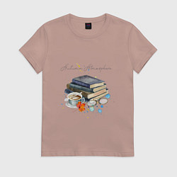 Футболка хлопковая женская Autumn atmosphere with books and coffee, цвет: пыльно-розовый