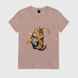 Футболка хлопковая женская Котик и батон, цвет: пыльно-розовый