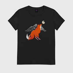 Футболка хлопковая женская Лиса, горы и луна, цвет: черный