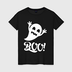 Футболка хлопковая женская Забавный призрак - BOO! Halloween, цвет: черный