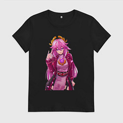 Футболка хлопковая женская Яэ Мико на стиле - Геншин Импакт, цвет: черный
