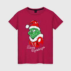 Футболка хлопковая женская Merry Christmas, Santa Claus Grinch, цвет: маджента