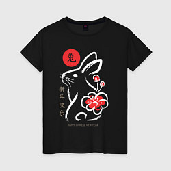 Футболка хлопковая женская Chinese New Year - rabbit with flower, цвет: черный