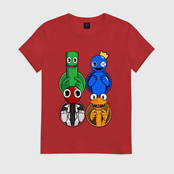 Футболка хлопковая женская Радужные друзья: Зеленый, Синий, Оранжевый и Красн, цвет: красный